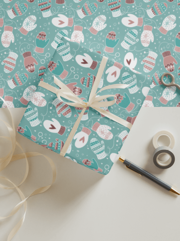 Festive Winter Christmas Mittens Pattern Wrapping Paper, 3 Pack (Mint & Pink) product image (1)