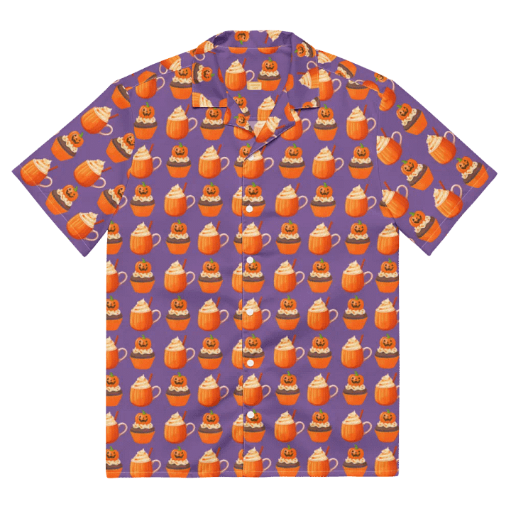 Halloween tea party pumpkin cupcake pumpkin spice latte Unisex Hawaiian Button Shirt product image (2)