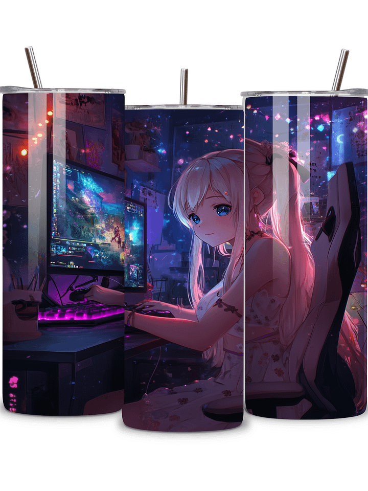Anime Gamer Girl 20oz Skinny Tumbler with Metal Straw – Vibrant Gaming Setup Design – Double-Walled Insulated Stainless Steel Tumbler Gift for Anime and Gaming Fans (Anime Girl 4) product image (1)
