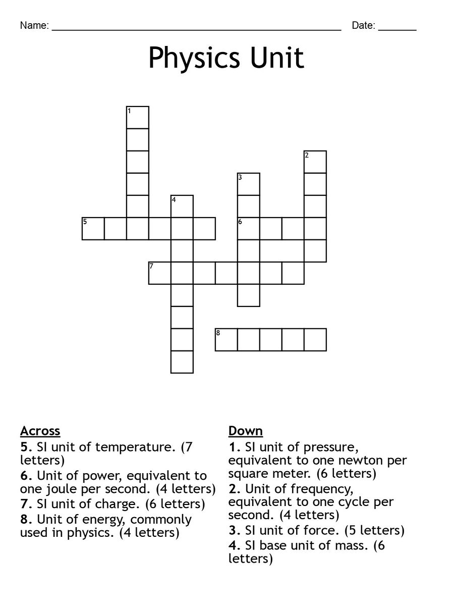 Printable Physics Unit Crossword Puzzle – Key Units in Physics! product image (1)