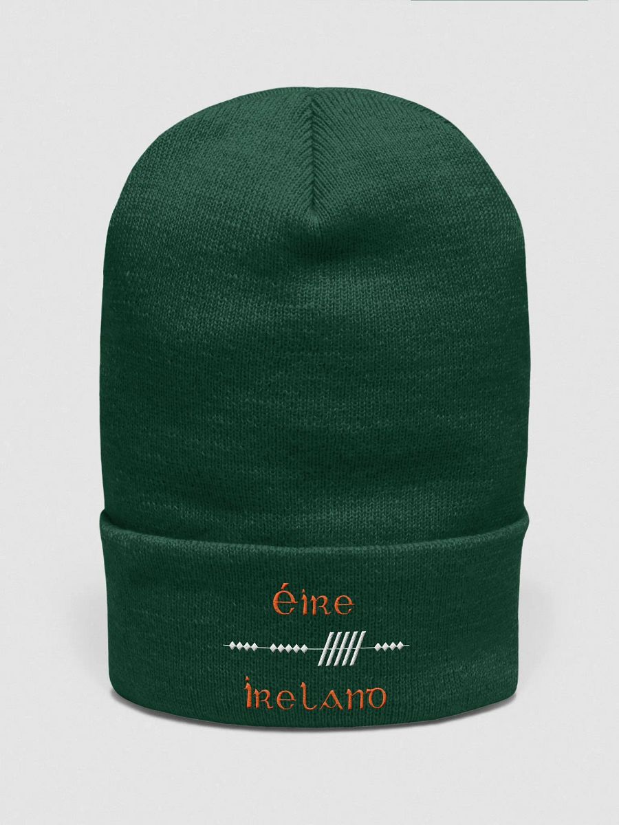 Ireland/Éire Scholastic Style Ogham, Green with White and Orange, embroidered Cuffed Beanie product image (1)
