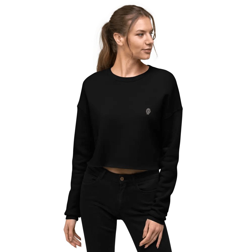 EXCLAIMING MENTALLY (L.C., B&W) embroidered fleece crop crew product image (10)