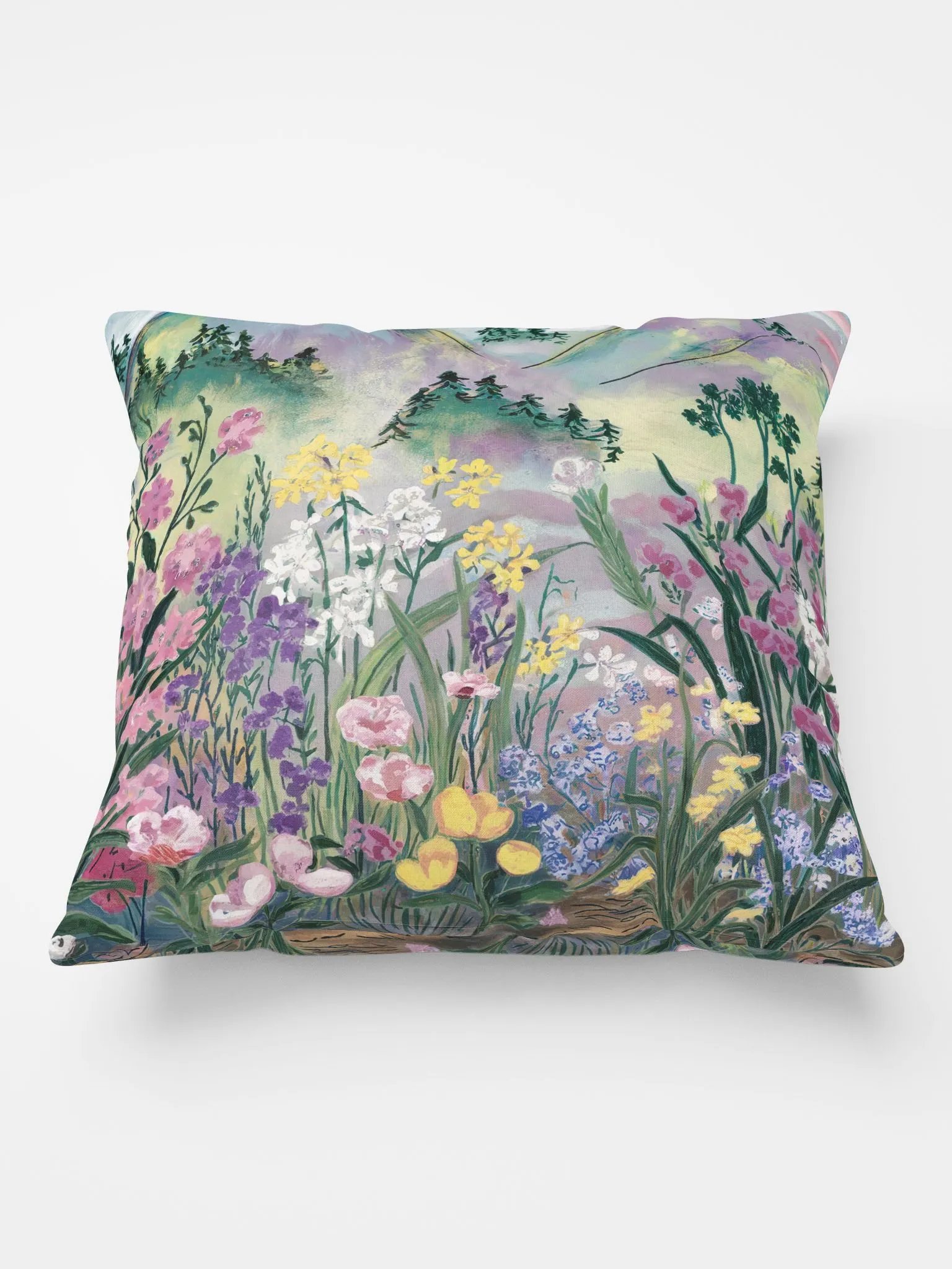 Watercolor Nature Scene Throw Pillow - Wildflowers & Mountain Landscape Accent Cushion for Living Room & Bedroom product image (3)