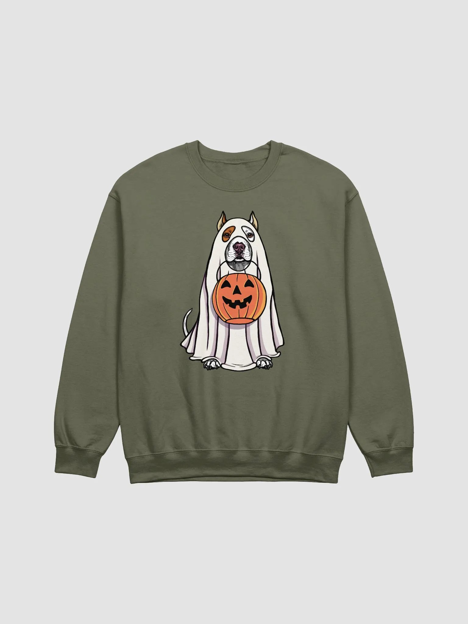 Funny Halloween Pitbull Terrier(Cropped Ears, White) Sweatshirt | Funny Pittie Wearing a Ghost Costume and Holding a Pumpkin Basket product image (17)