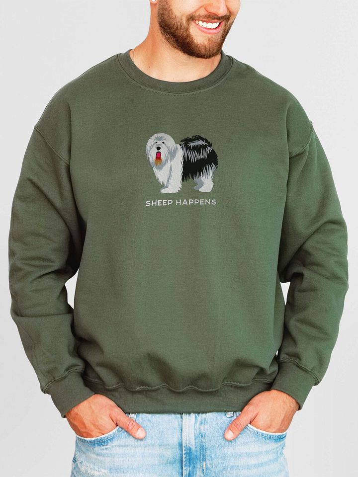 Sheep Happens Sweatshirt (Embroidered) of an Old English Sheepdog(Black & White) product image (2)