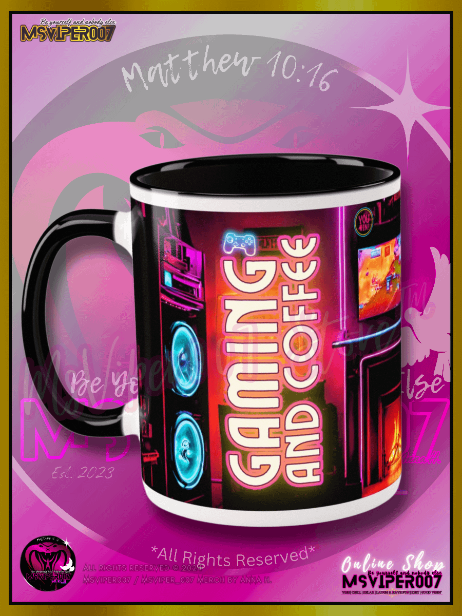Mug - MsViper007's "Gaming and Coffee [retro/neon]" Hot Beverage Mug with color inside by Anna H. product image (1)