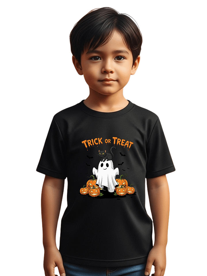 Unisex Toddler Halloween T-Shirt | Trick or Treat Ghost Tee with Pumpkins & Cat | Cute Unisex Shirt 2T-5T product image (1)