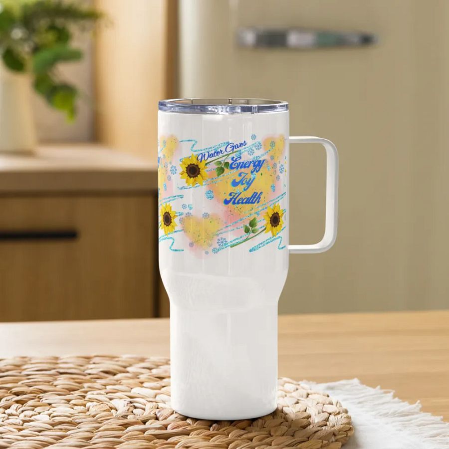 Travel mug with handle with beautiful sunflowerr water drops featuring ' This water gives Harmony in Body and Mind