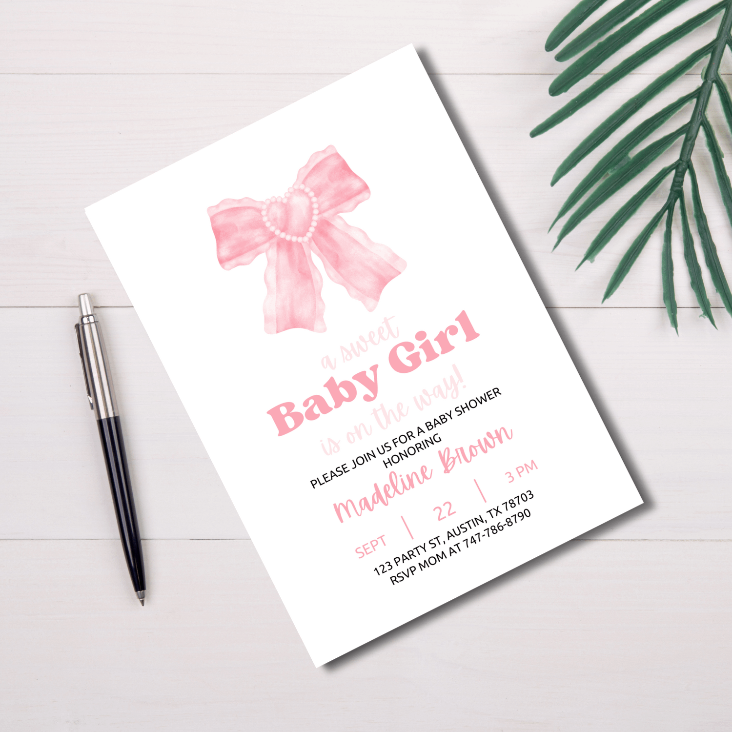 Baby Girl Shower Invitation Template – Canva Editable Ribbon and Lace Invite product image (2)