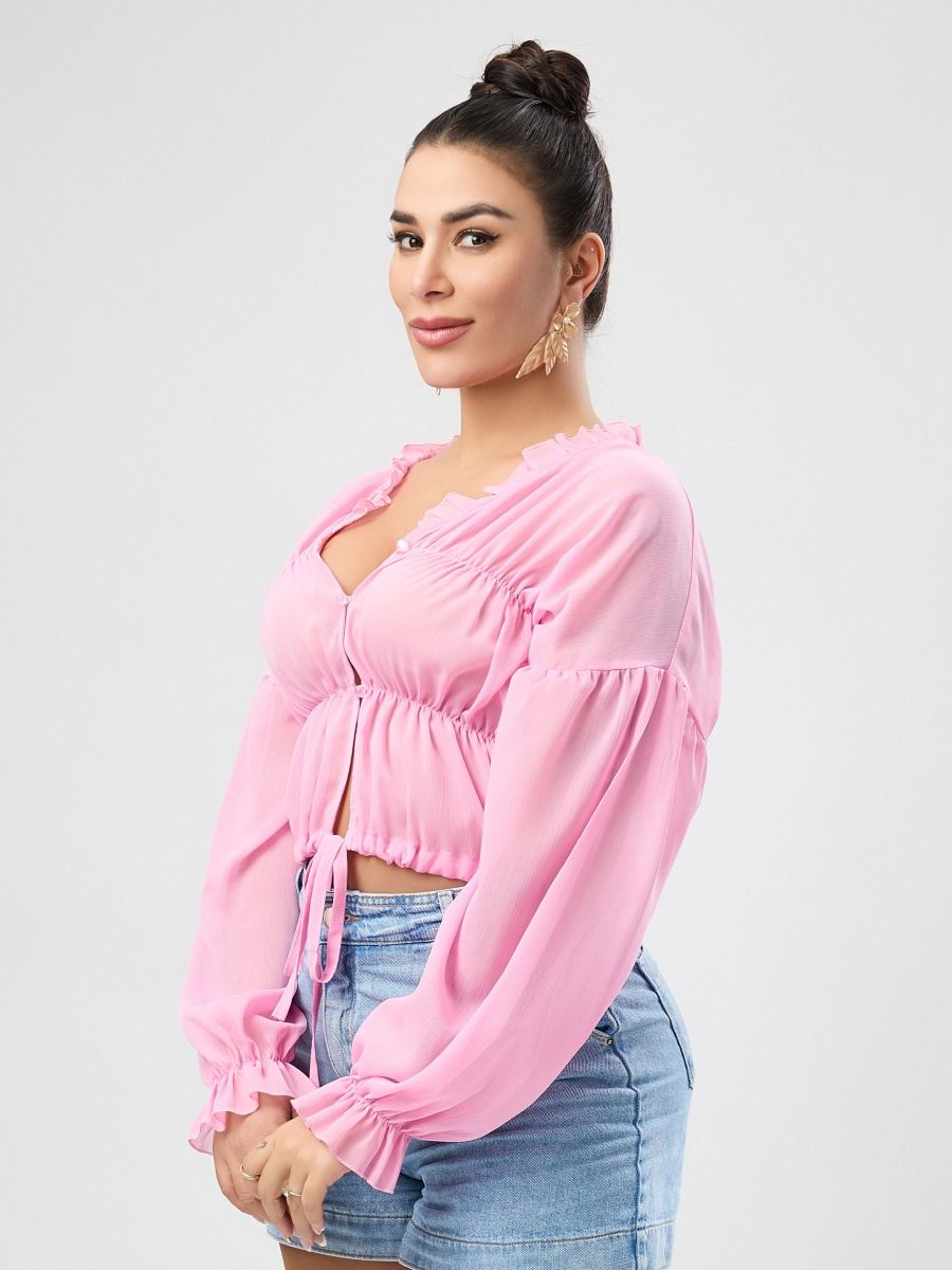 Sexy high quality non-stretch chiffon see through 4 colors v-neck drawstring top Wholesale product image (4)
