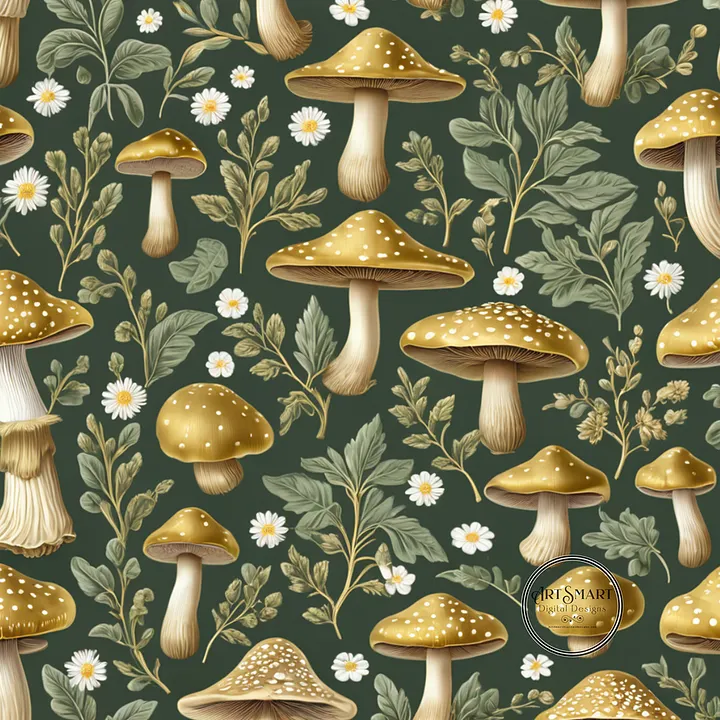 Seamless Pattern - Golden Mushrooms on Dark Green product image (1)
