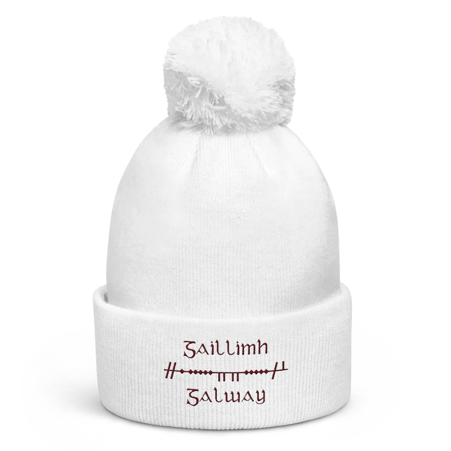Galway/Gaillimh Scholastic style Ogham, white with maroon, embroidered Pom-Pom Beanie product image (1)