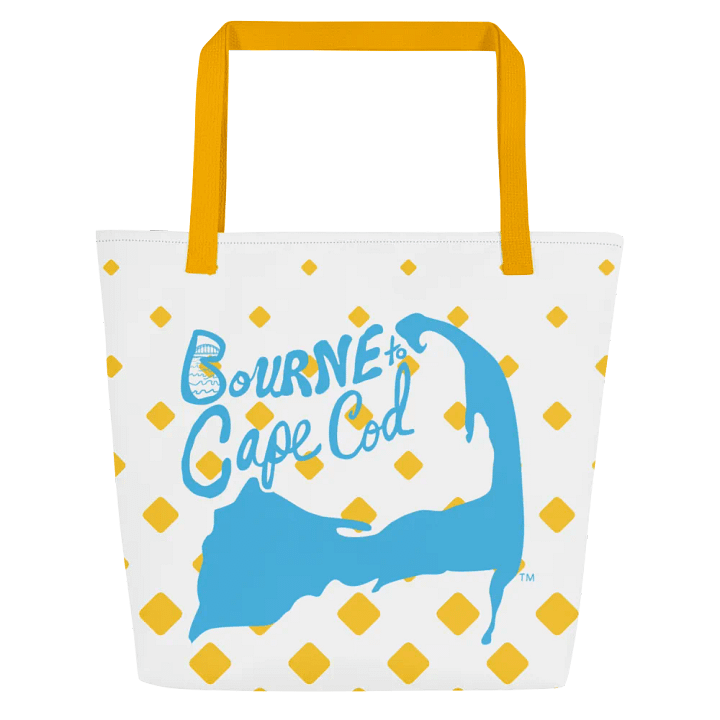 BOURNE to Cape Cod™ | Large Tote Bag with Pocket | Coastal Classic | All-Over Logo Print | Blue Logo | Retro Mod Yellow Diamond product image (2)
