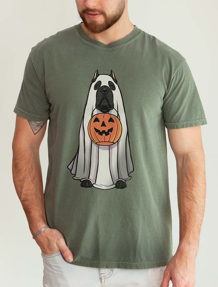 Funny Halloween Cane Corso(Black) T-Shirt | Funny Cane Corso Wearing a Ghost Costume and Holding a Pumpkin Basket product image (1)