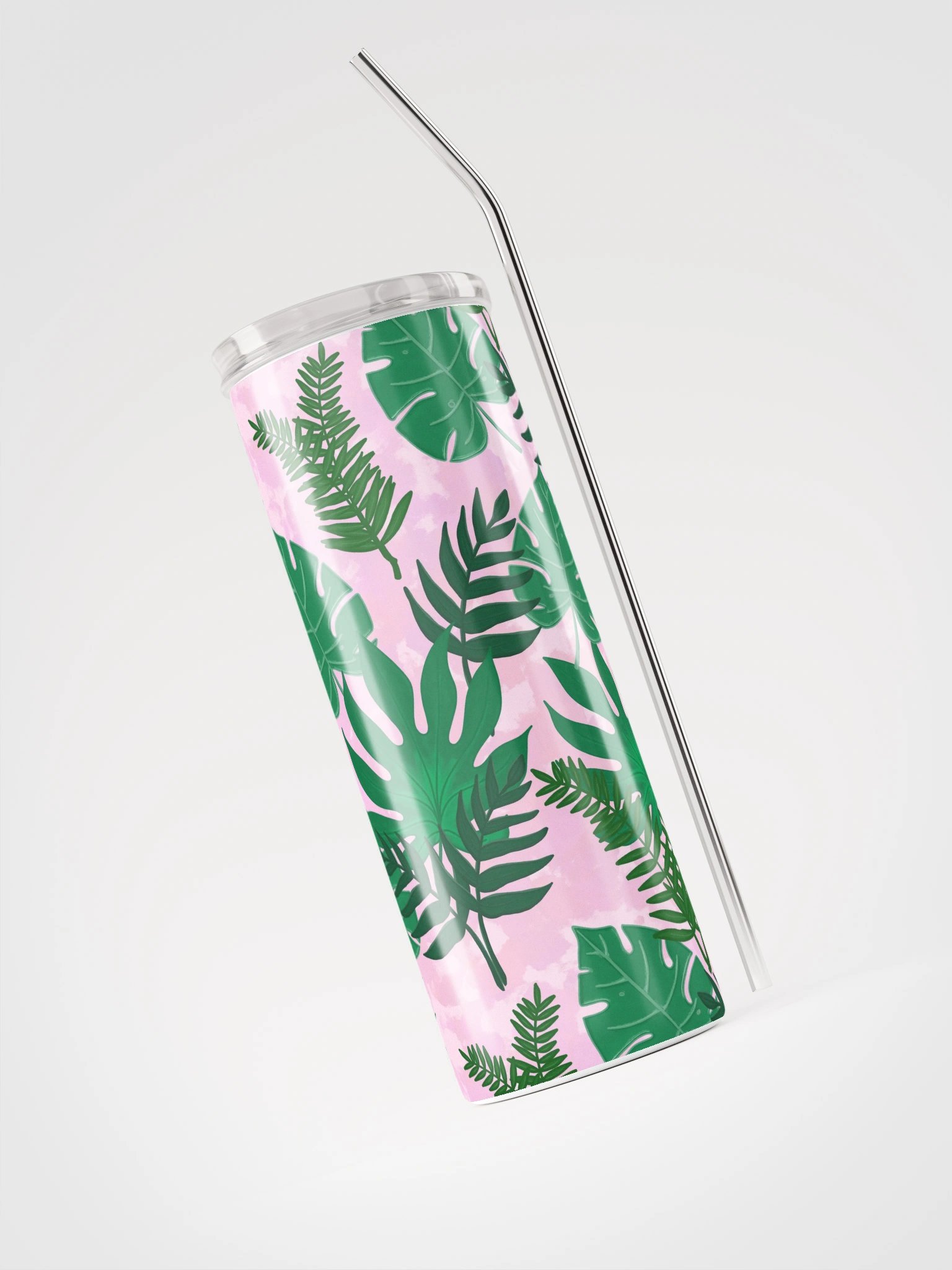 Jungle Leaves Pattern- Pink Background Stainless Steel Tumbler product image (4)