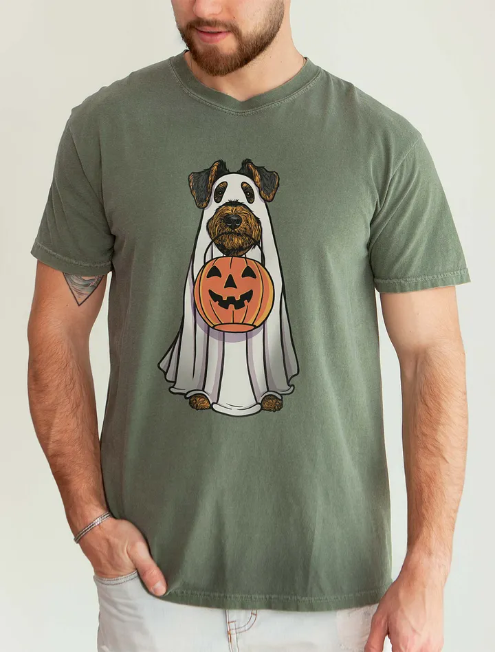 Funny Halloween Airedale Terrier(Black & Tan) T-Shirt | Funny Airedale Wearing a Ghost Costume and Holding a Pumpkin Basket product image (5)