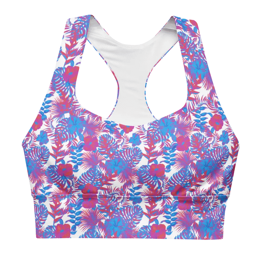 Longline sports bra in  blue and pink colors tropical leaves design. Perfect for holiday vibes product image (8)