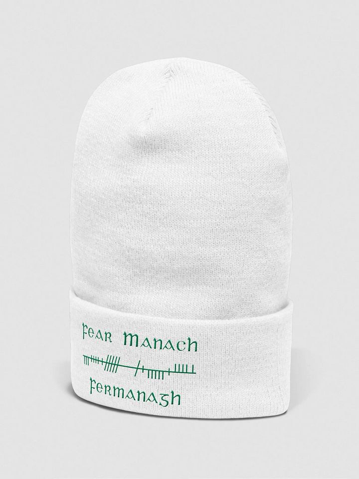 Fermanagh/Fear Manach, White with Green, Orthodox style Ogham embroidered Cuffed Beanie product image (2)