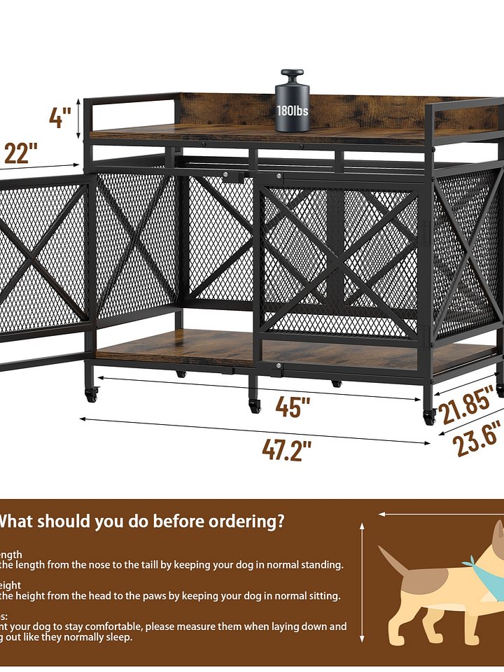 48 inch Dog Crate Furniture for Large Breeds (Up to 90 lb), Wooden & Steel, 360° Casters, Waterproof Top, Steel Lock,Vintage Brown product image (2)