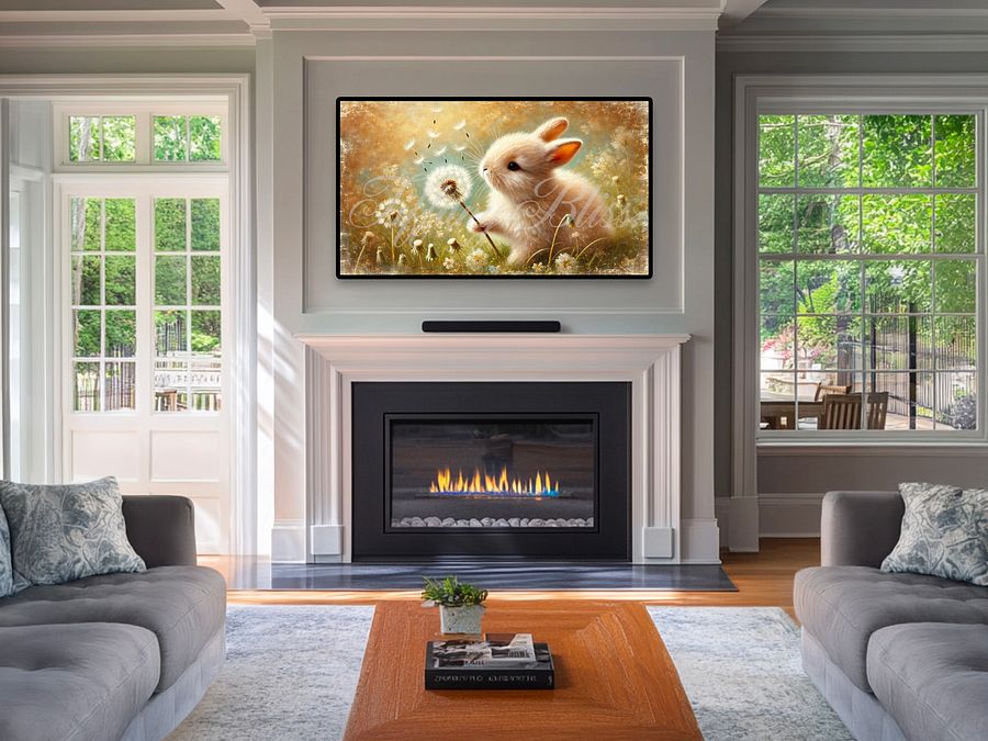 Samsung Frame TV Art, Neutral Spring Easter Bunny Dandelion Painting, Digital Download product image (3)