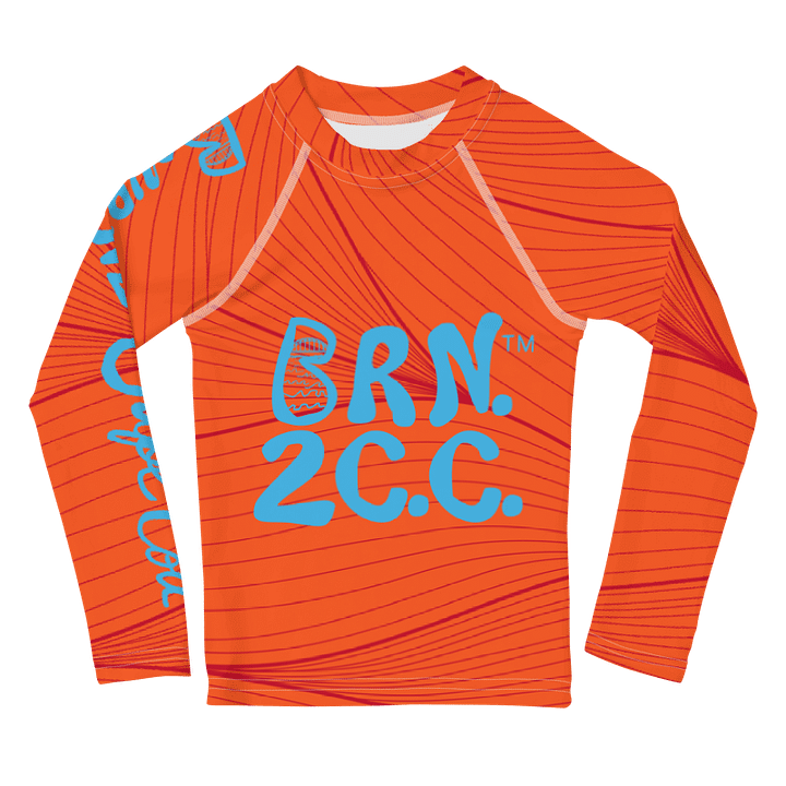 Boys' | Kids Rash Guard | BRN.2C.C.™ Front Print | BOURNE to Cape Cod™ Back & Sleeve Logo | Coastal UV Shirt for Active Kids | Slim Fit Swim Top | Blue Logo on Red and Orange product image (1)
