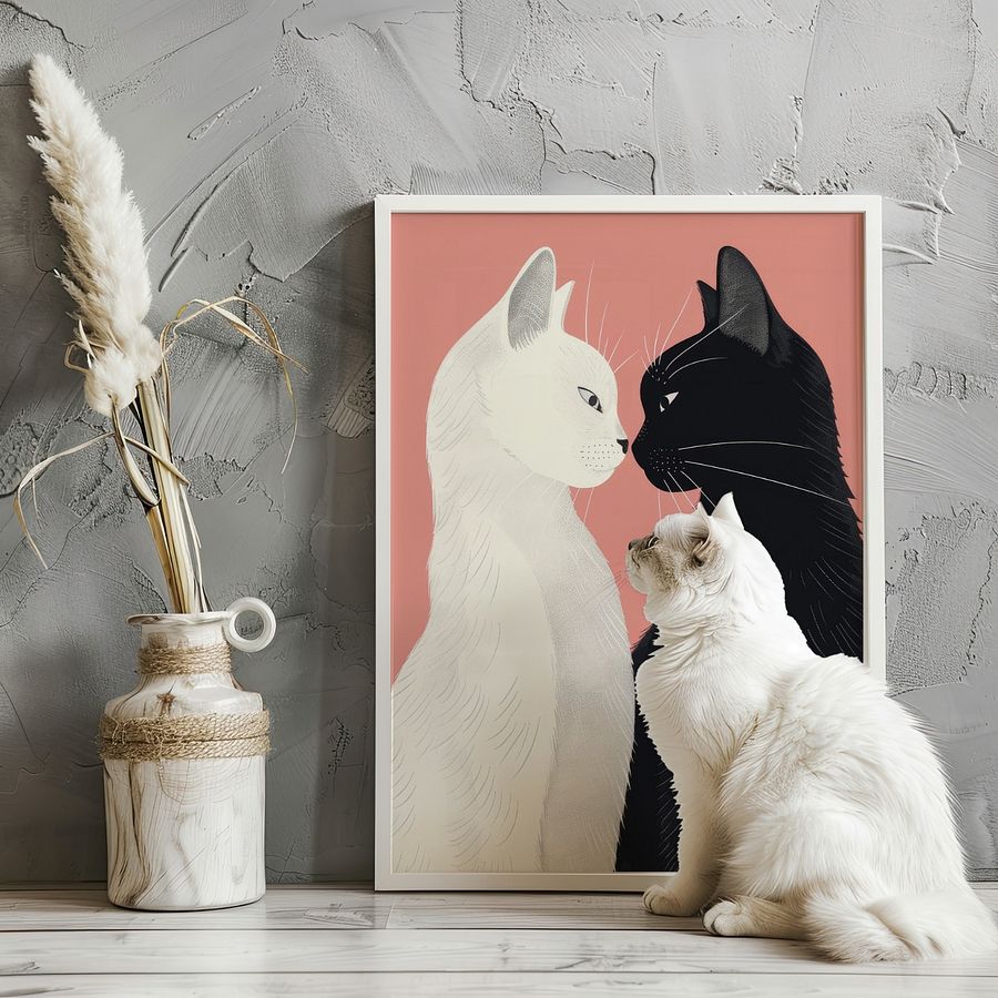 Lover Cats ~ Yin& Yang Valentine Felines Pastel Pink Art Print product image (18)