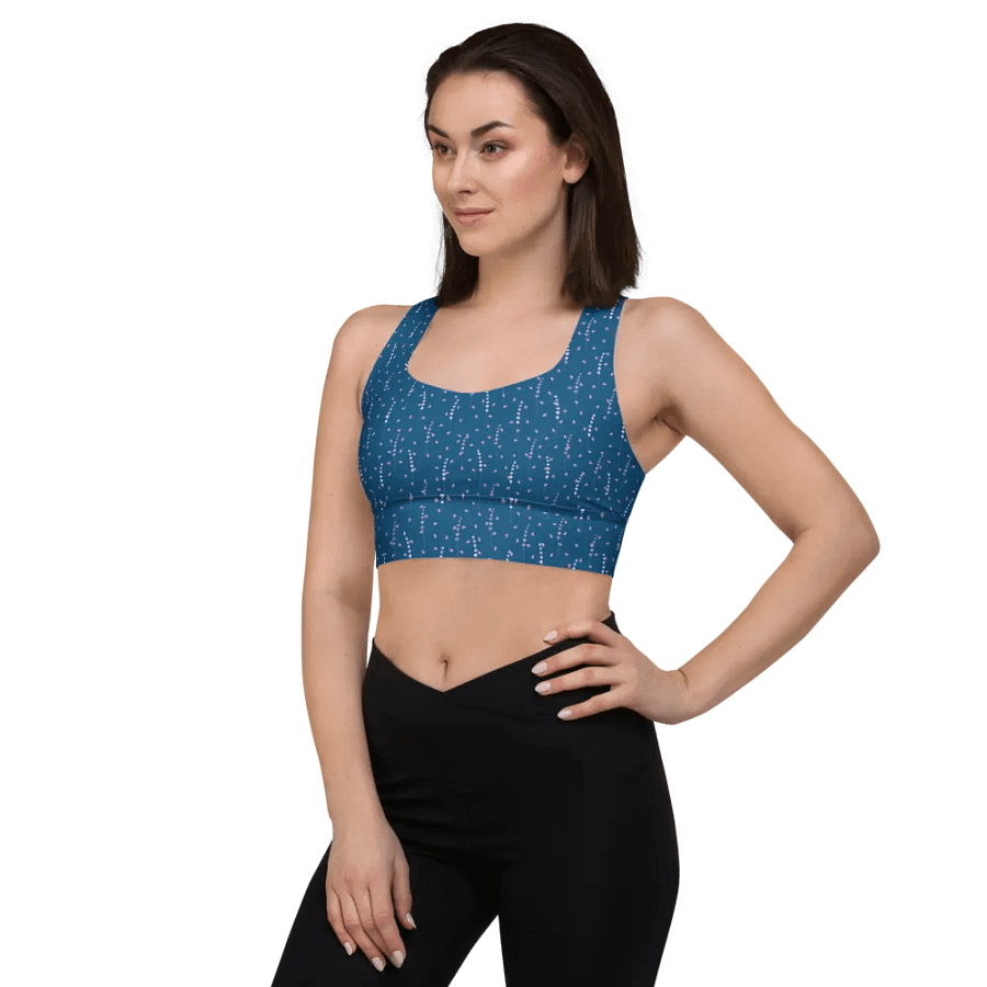 longline sports bra in teal with fine lavender print. product image (4)