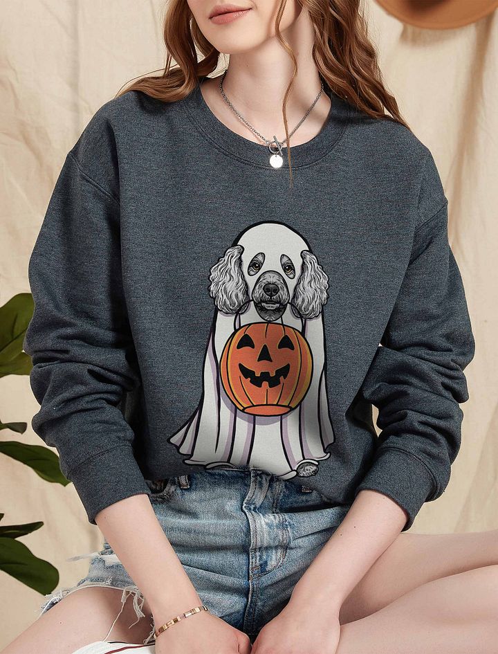 Funny Halloween Mini Poodle(Gray) Sweatshirt | Funny Poodle Wearing a Ghost Costume and Holding a Pumpkin Basket product image (5)