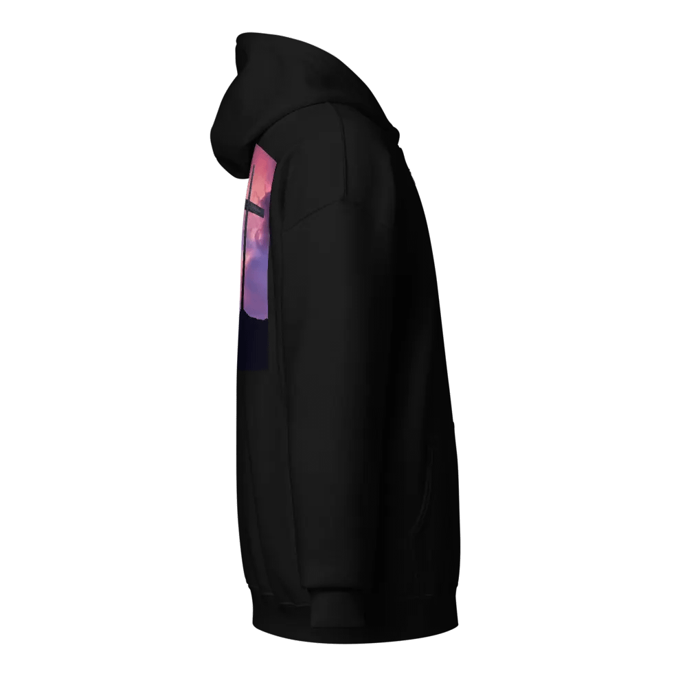 Wooden cross standing on a hill, silhouetted against a vibrant and colorful sky transitioning from deep purples to pinks Hoodie product image (4)