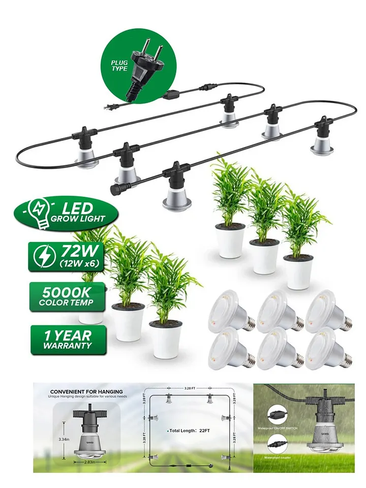 SANSI Hanging Waterproof Grow Light 72W (12W x 6PCS LED) E27 5000K Daylight For Indoor Garden Houseplants product image (1)