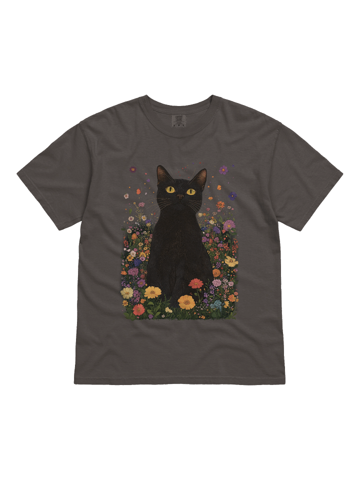 Black Cat in Wildflowers – Relaxed Fit Heavyweight Unisex Cotton T-Shirt product image (2)