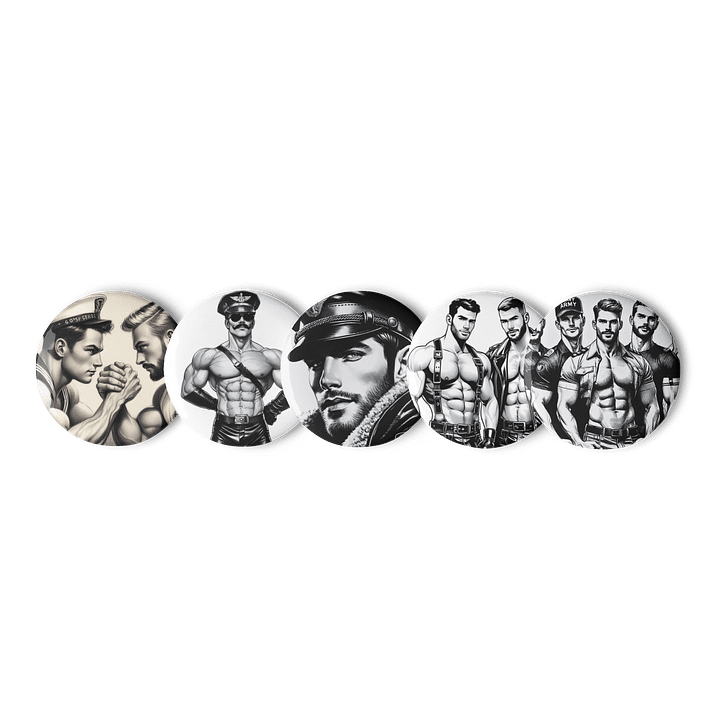 Heritage Gay Leather 5 Button Pin Set – Tom of Finland Tribute Gay Pride Graphic Design Button Pins product image (1)