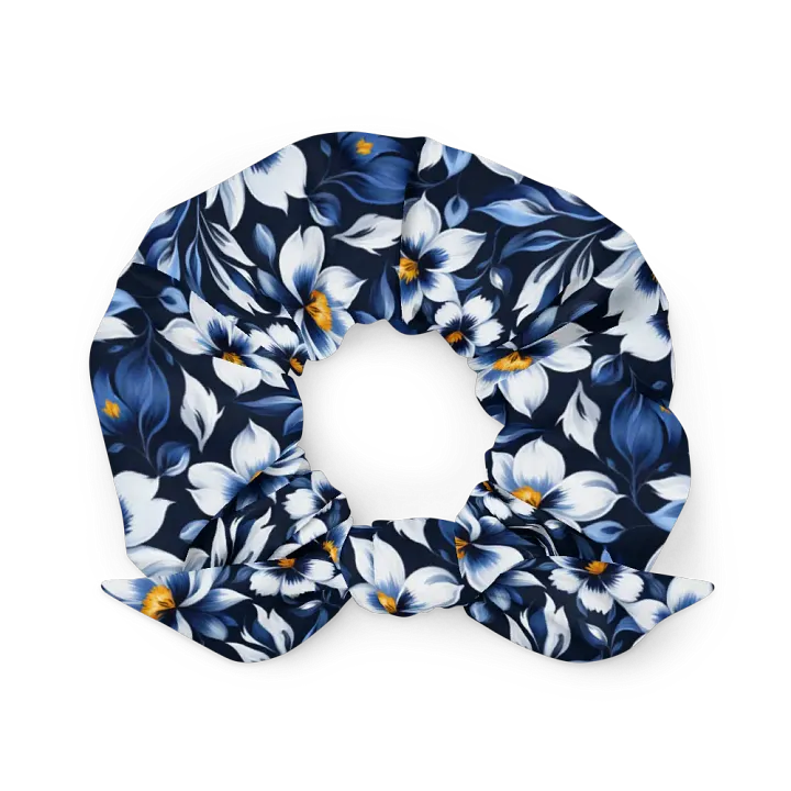 Hair Scrunchie - Floral Pattern in Blue and White on a Dark Blue Background product image (1)