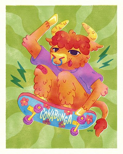 Brother piece to my CDA skater goat. Highland cow doing a skate trick I definitely know the name of.

#chaoticdrawalong #high...