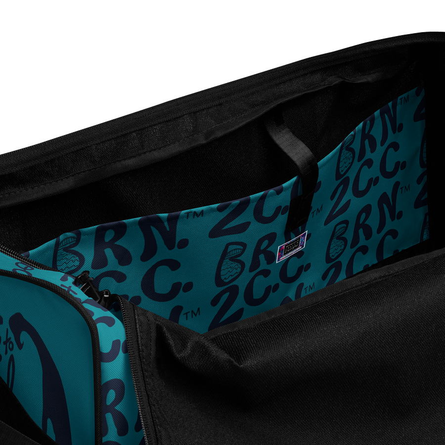 BOURNE to Cape Cod™ | Duffle Bag | BRN.2C.C.™ | Coastal Gym & Travel Gear | 22" All-Over Print Weekender | Navy Blue Logos on Calm Medium Blue product image (6)