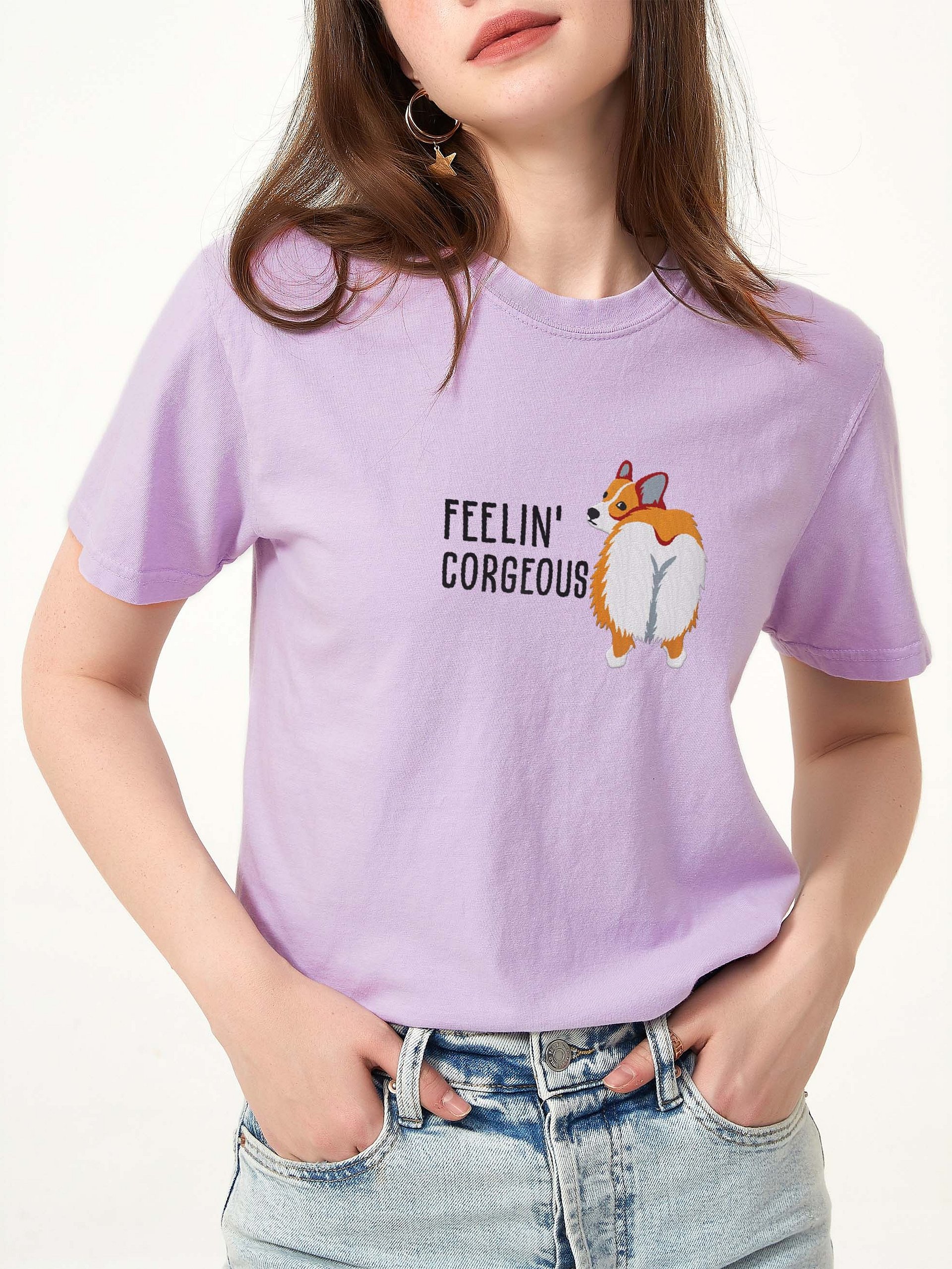 Feelin' Corgeous T-Shirt(Embroidered) of a Pembroke Welsh Corgi(Tan) product image (2)