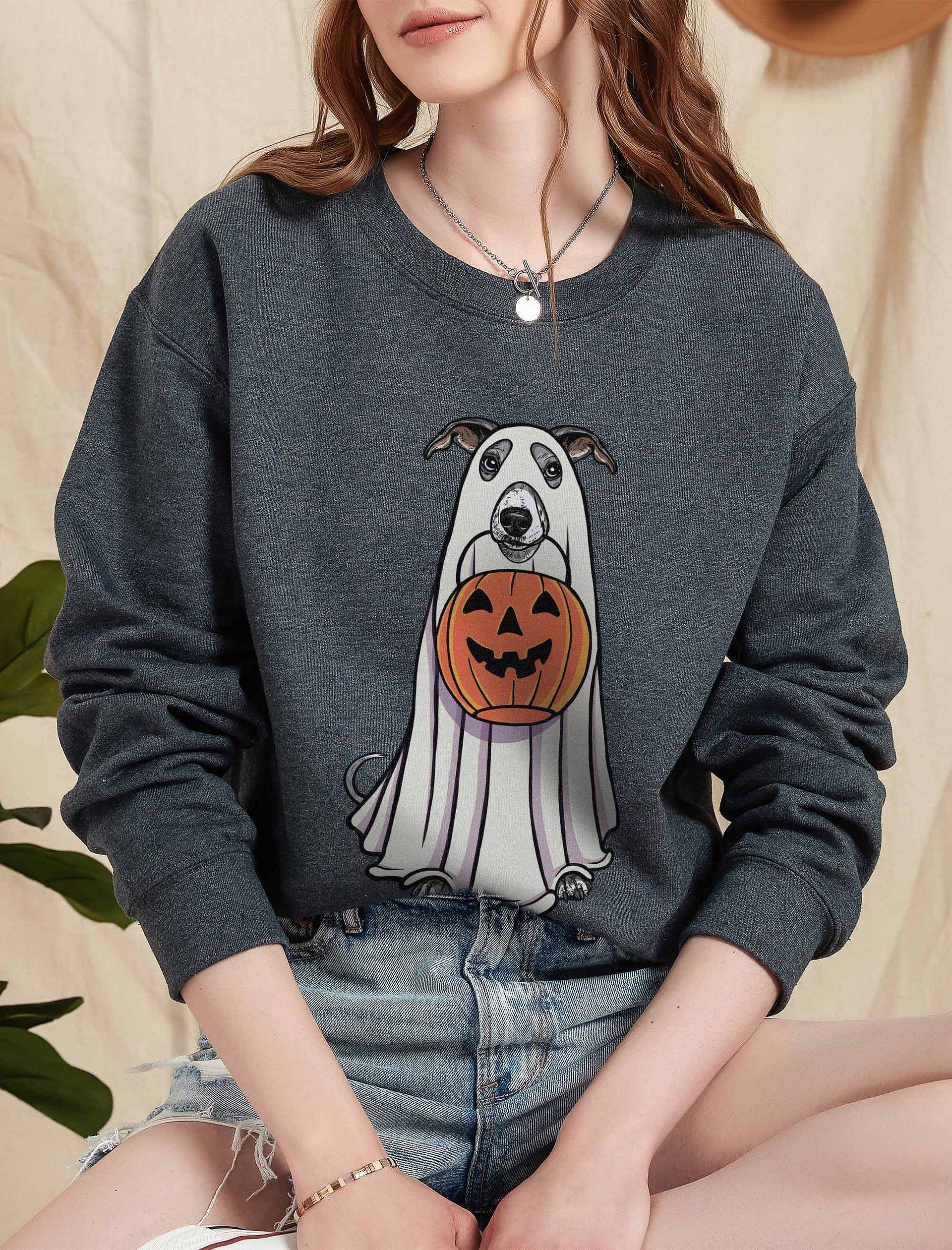 Funny Halloween Whippet(Blue & White) Sweatshirt | Funny Dog Wearing a Ghost Costume and Holding a Pumpkin Basket product image (5)