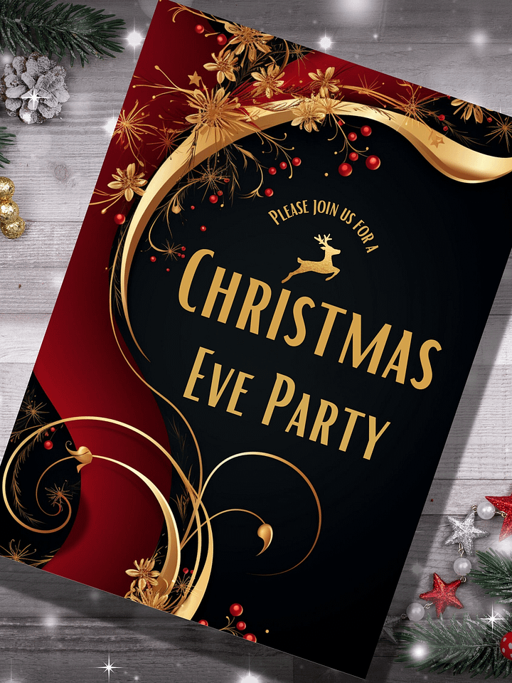 Editable Christmas Eve Party Invitation -Stunning Red and Gold- Edit in Canva- Christmas Party Printable- Holiday Party Invitation Template product image (2)