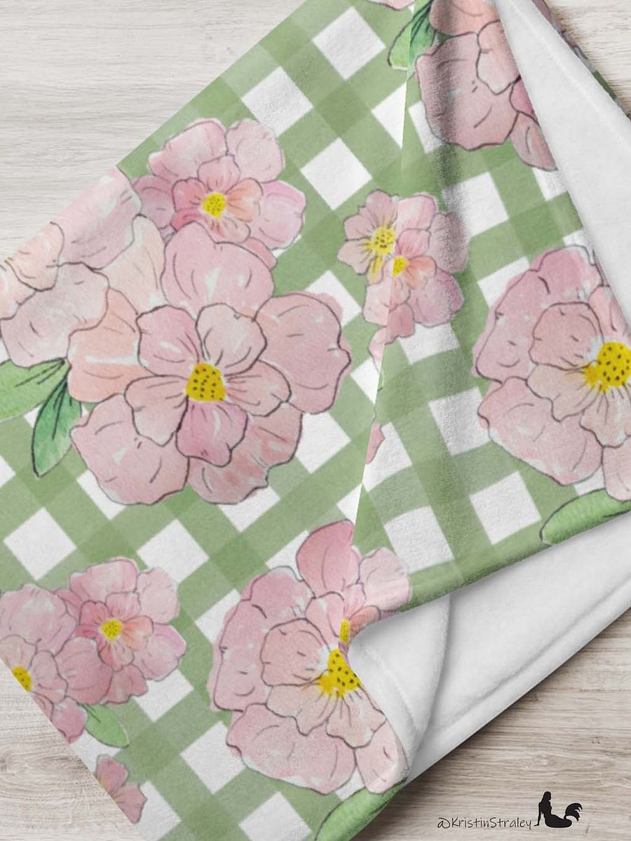 Pink Flowers on Green Gingham Fleece Throw Blanket product image (6)