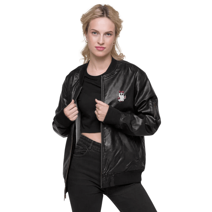 Cute Ghost Embroidered Faux Leather Bomber Jacket product image (2)
