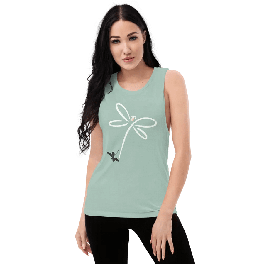 Womens flowy muscle tank top with stylish dragonfly design. Minimilist style product image (8)