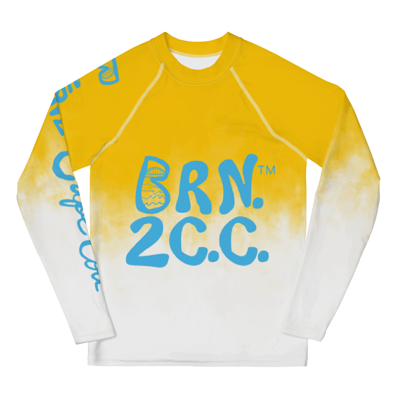 YOUTH | Rash Guard | BRN.2C.C.™ Front Graphic | BOURNE to Cape Cod™ Sleeve & Back Logo | Coastal Swim Shirt for Kids | UV Protection Activewear | Blue Logo | Yellow & White Splash product image (1)
