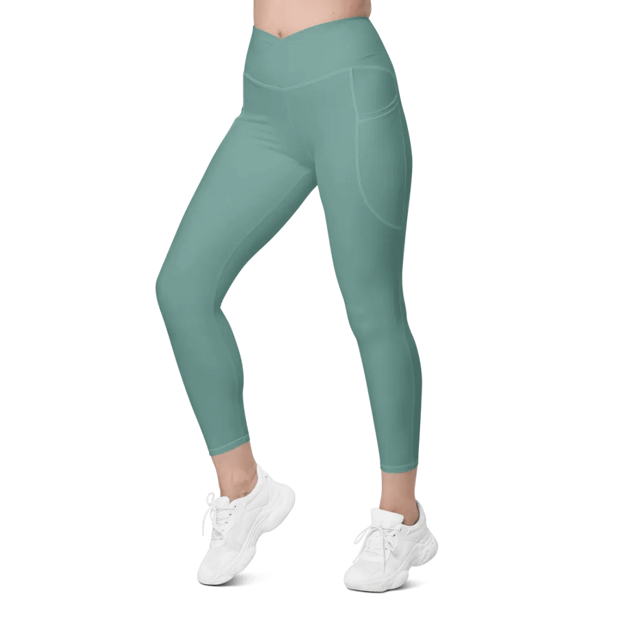 Plain Medium Teal Green Soft Summer Women's High Waisted Premium Crossover Leggings with Pockets by Treasure Pie product image (6)