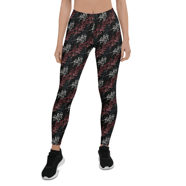 Dark Leggings in unusual diagonal red apricot design on black design with slight sparkle. Ideal for that special event or daily workouts product image (1)
