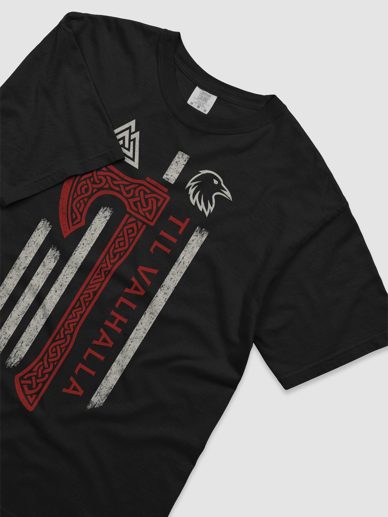 Til Valhalla Viking T-Shirt with Axe, Valknut and Raven – Norse Warrior Memorial Shirt product image (3)