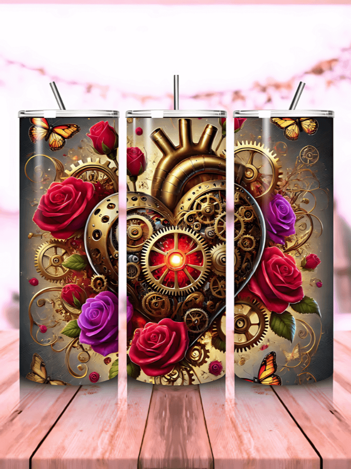 Steampunk Heart Bloom Tumbler Wrap – Vintage Gears & Roses Valentine Design – 20oz Love-Themed Sublimation PNG – 300 DPI Instant Download product image (1)