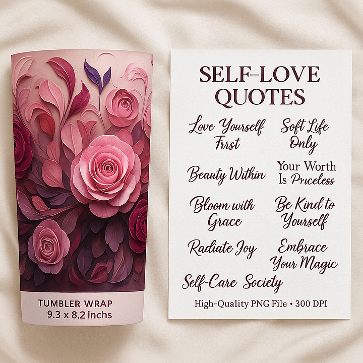Self-Love PNG Bundle | Pink Rose Tumbler Wrap + Printable Quotes | 20oz Skinny Sublimation + Affirmation Sheet product image (1)