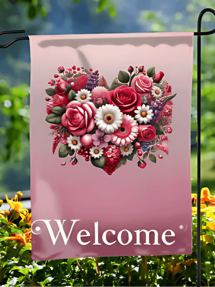 Romantic Garden Flag for Valentine’s Day – Heart & Floral Welcome Design – Sublimation PNG – 300 DPI High-Resolution – Instant Digital Download for Holiday Decor product image (1)