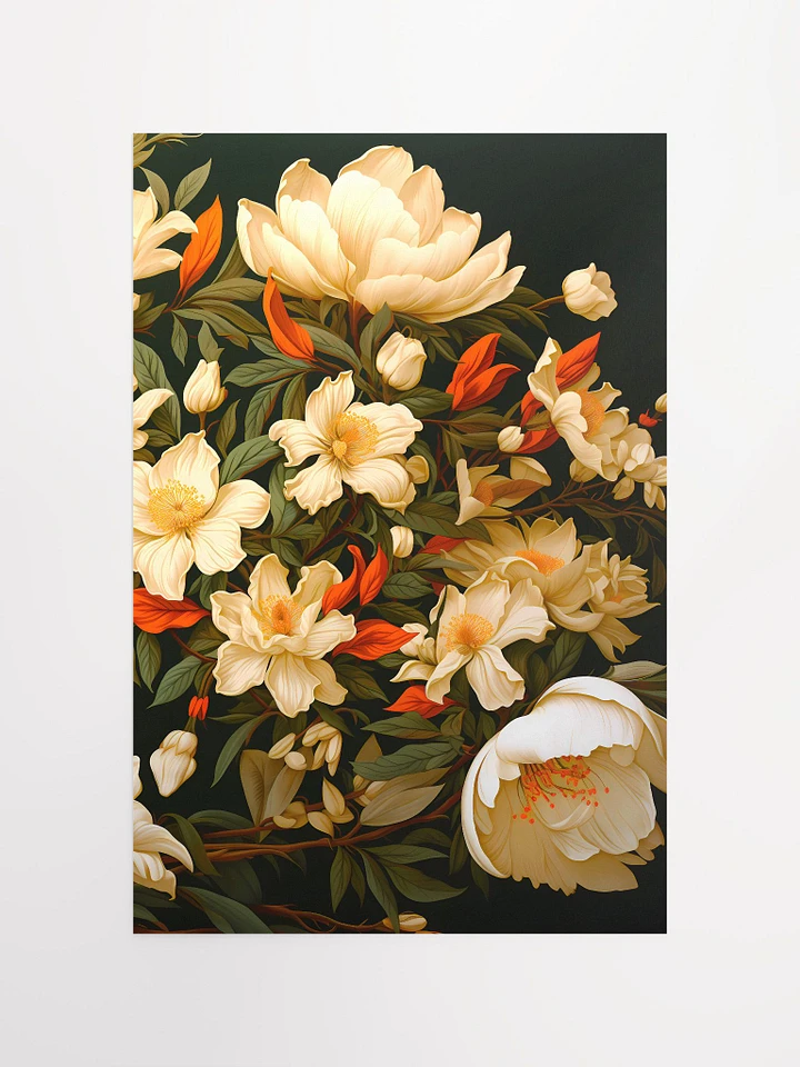 Vintage White Flowers in Bloom Verdant Leaves Dark Background Matte Poster product image (2)