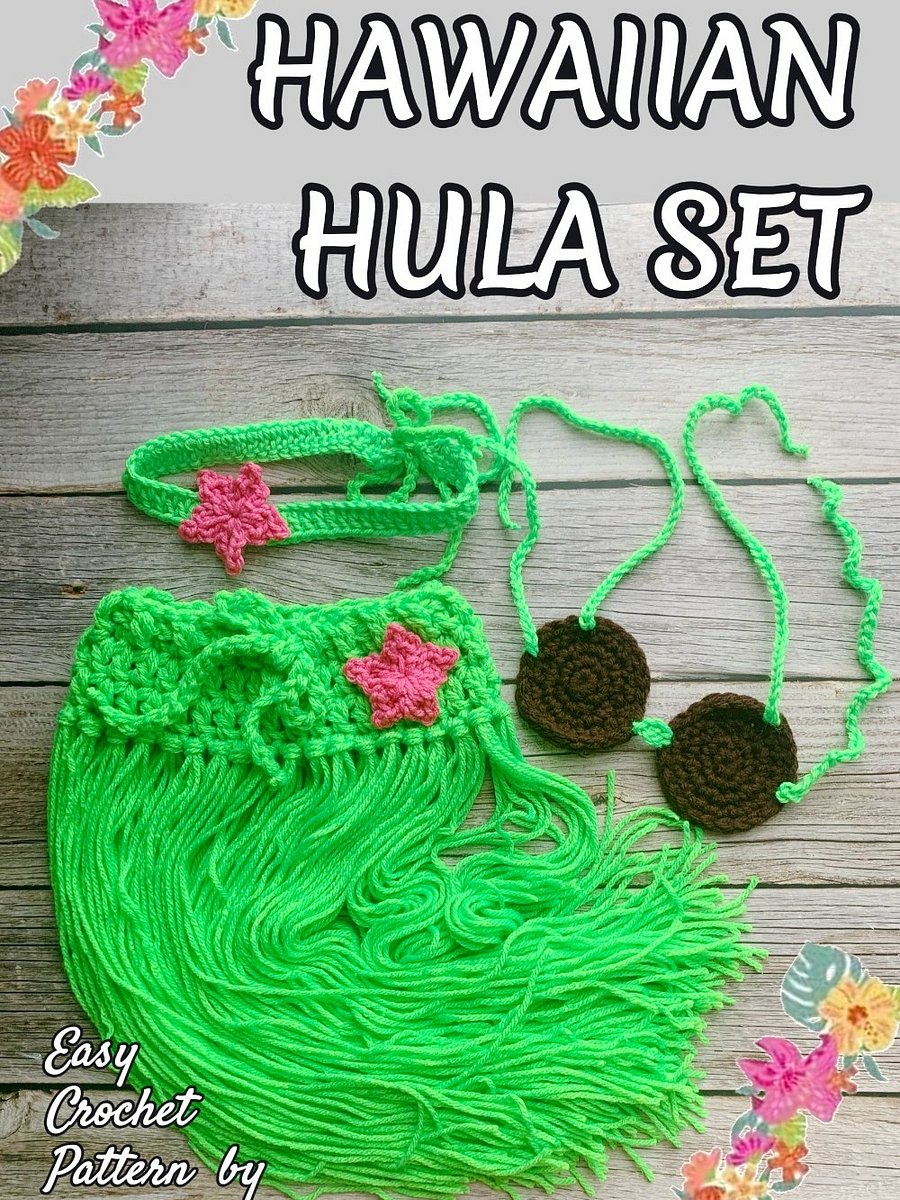 Hula Dancer Set Crochet Pattern Hawaiian Baby Photo Prop Outfit Grass Skirt Coconut Bra Hawaii Party Costume product image (4)